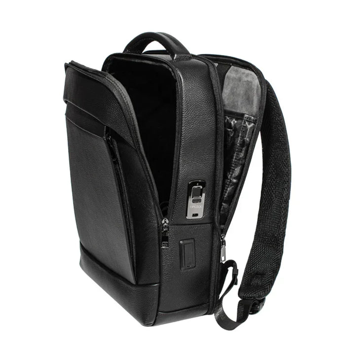 Secure men's large business backpack. Anti-theft design with fingerprint lock for ultimate laptop protection.