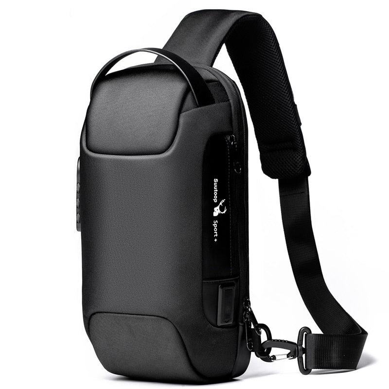 Men's anti-theft water-resistant crossbody bag with USB charging port.