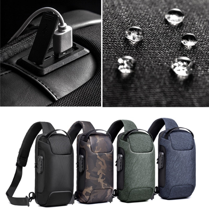 Front view of men's anti-theft crossbody bag with USB charging capability