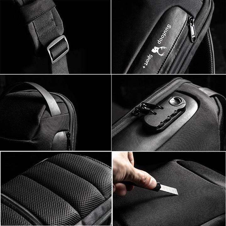 Side profile of men's compact water-resistant sling bag, USB charging