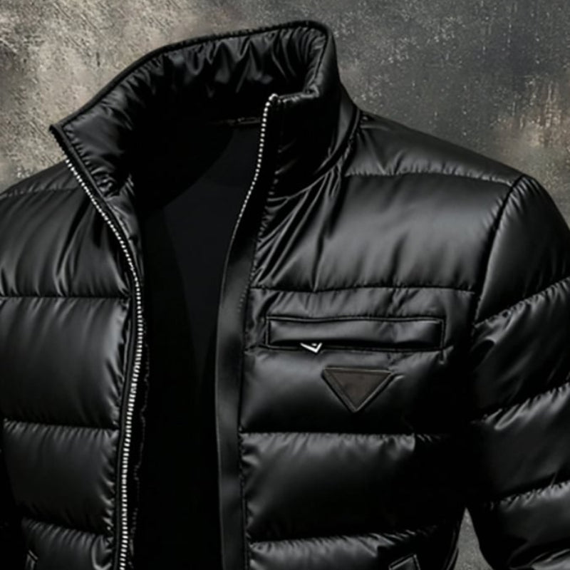 Stylish men's Apex black puffer jacket. Insulated for extreme cold. Essential winter fashion outerwear.