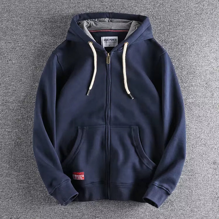 Versatile men's full-zip hoodie, an ideal layering piece for stylish casual outfits.