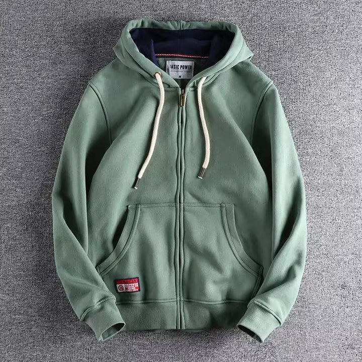 Modern men's full-zip hoodie, offering durable comfort & sleek style for daily wear.