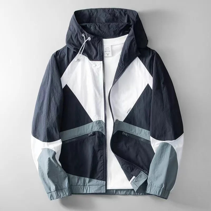 Men's Apex windbreaker jacket, lightweight, water-resistant, blue & yellow color block. Perfect for spring/fall.