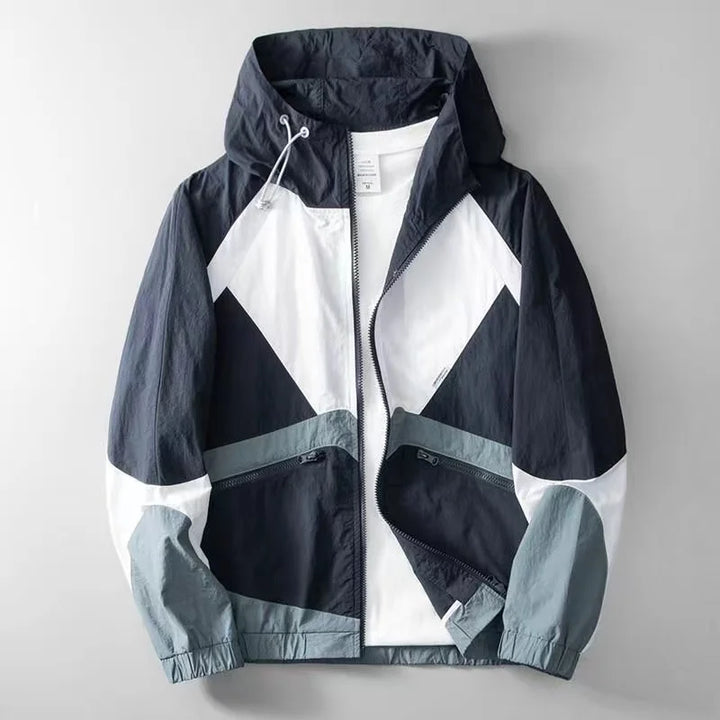 Men's Apex windbreaker jacket, lightweight, water-resistant, blue & yellow color block. Perfect for spring/fall.