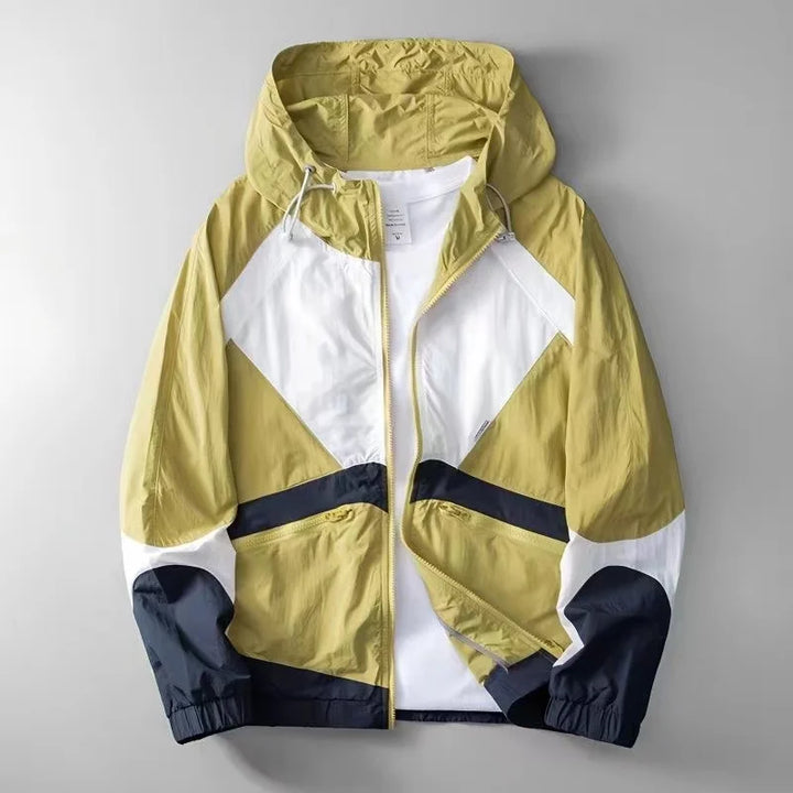 Apex men's lightweight windbreaker, blue & yellow. Water-resistant outerwear for casual, everyday style.