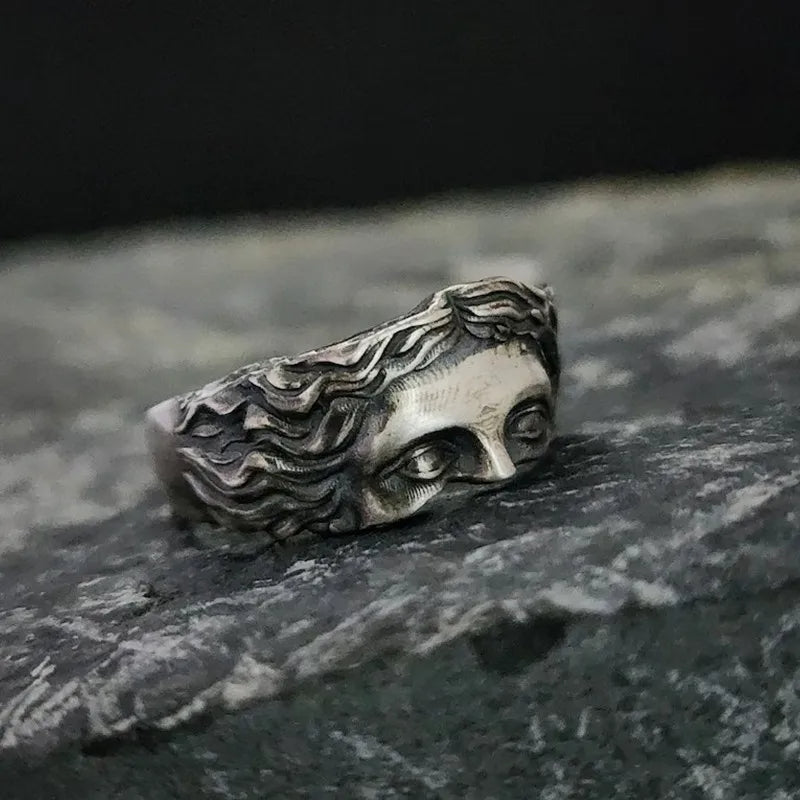Men's Aphrodite inspired crown ring, vintage stainless steel, adjustable for a perfect fit. Statement jewelry.