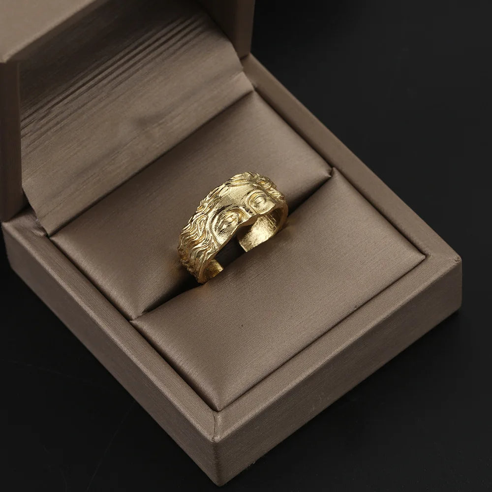 Unique men's vintage crown ring, Aphrodite design. Adjustable stainless steel, available in gold or silver finish.