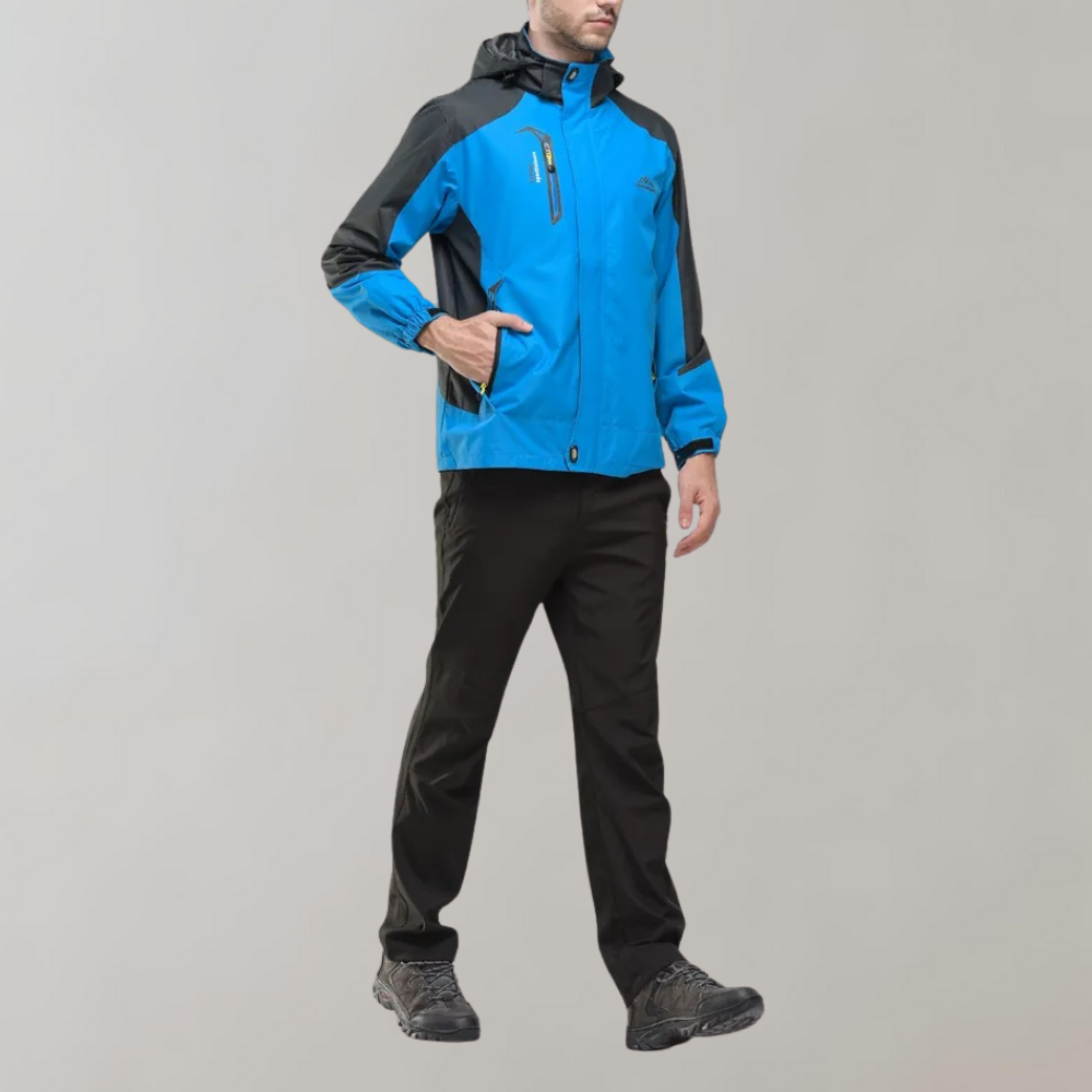 Adventure-ready men's windproof jacket, AquaShield protection for outdoor activities.