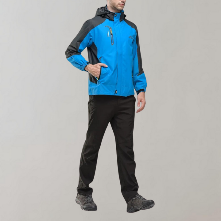 Adventure-ready men's windproof jacket, AquaShield protection for outdoor activities.