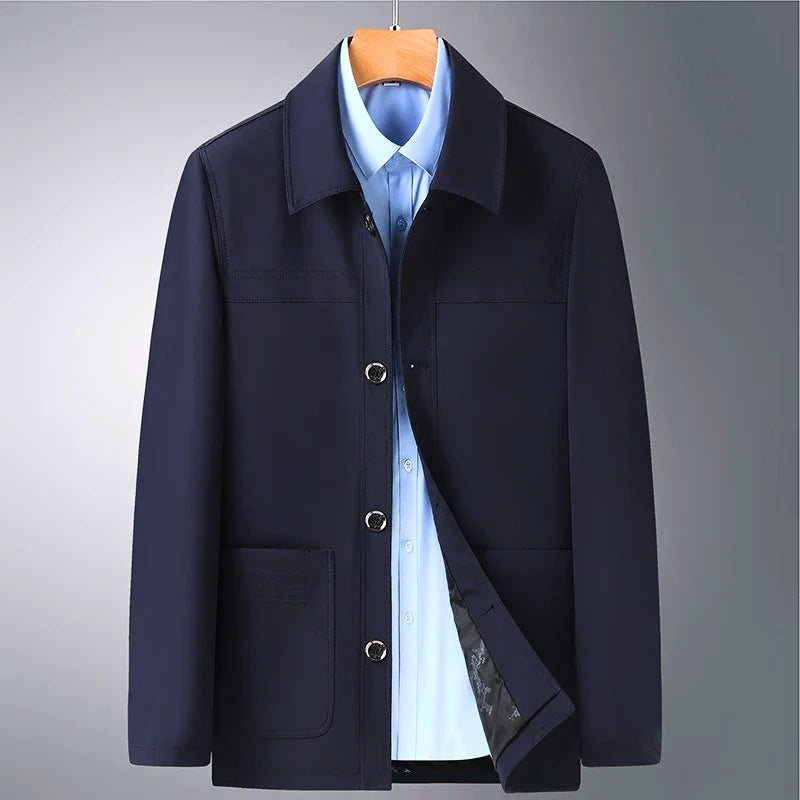 Elegant navy blue Arlan Ridge men's coat, comfortable all-season outerwear for classic fashion.