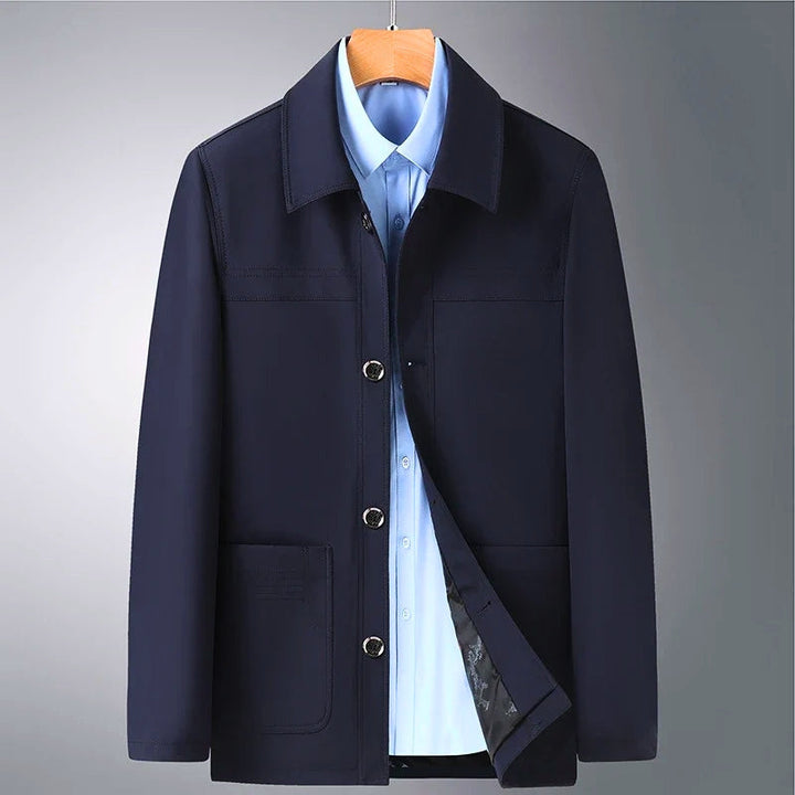Elegant navy blue Arlan Ridge men's coat, comfortable all-season outerwear for classic fashion.
