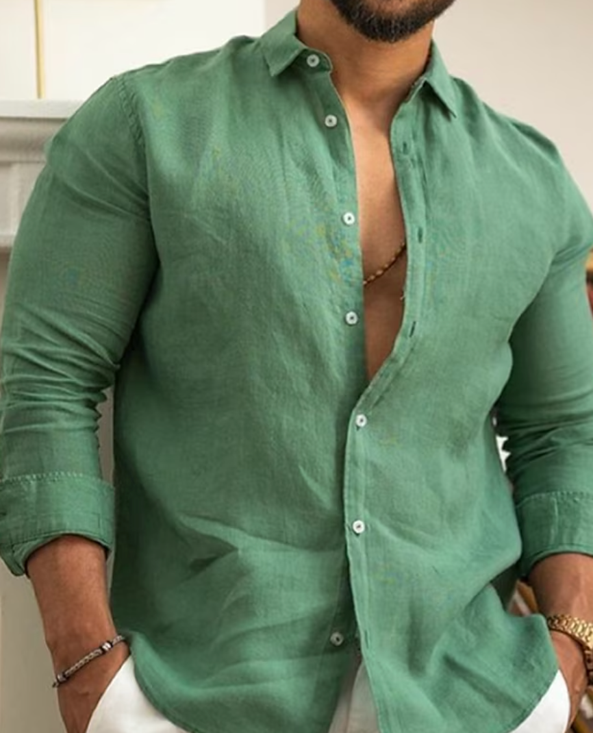 Men's Arlo linen button-down shirt, long sleeve, perfect for versatile casual and everyday wear.
