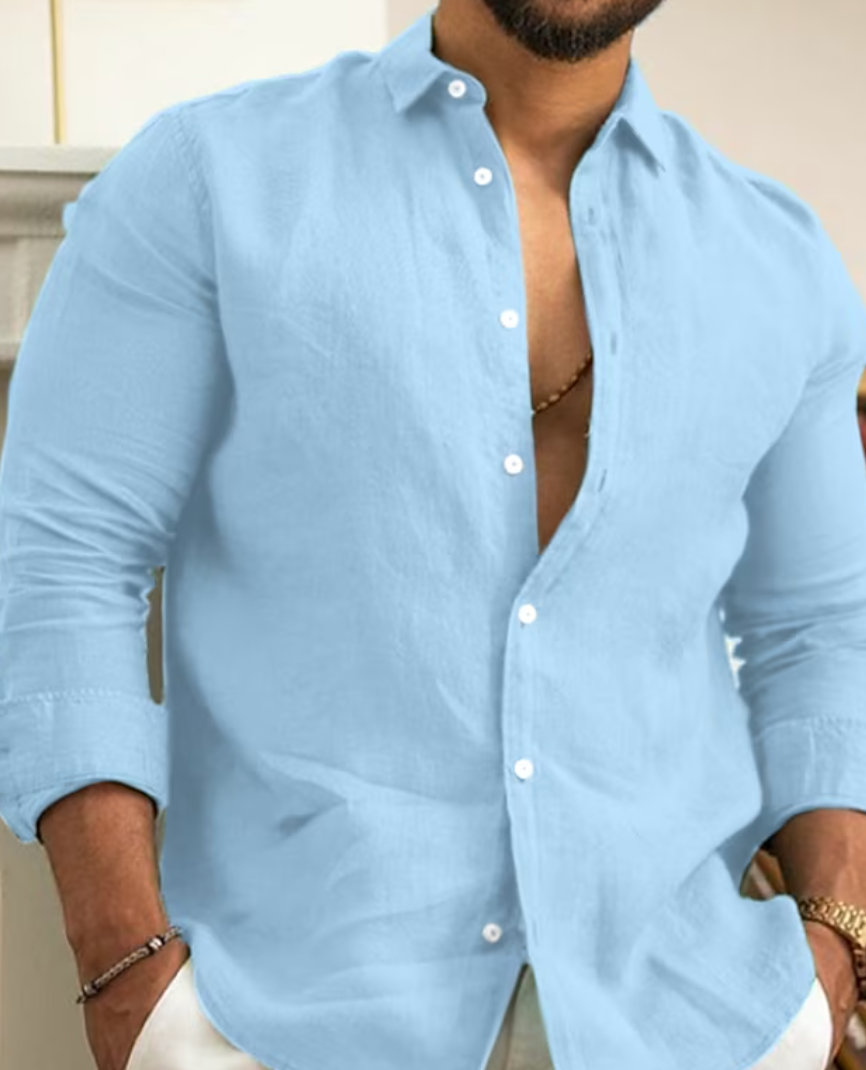 Comfortable men's Arlo long-sleeve linen shirt, a stylish button-down for versatile everyday fashion.