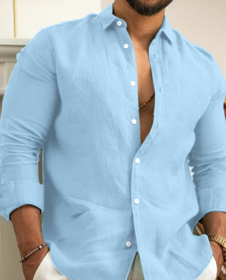 Comfortable men's Arlo long-sleeve linen shirt, a stylish button-down for versatile everyday fashion.