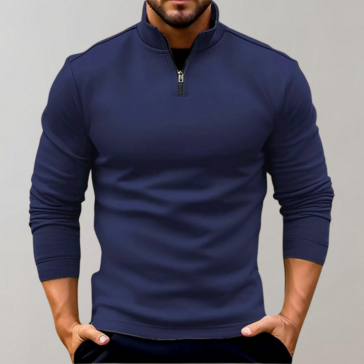 Cozy men's quarter-zip sweater, perfect for fall & winter comfort.