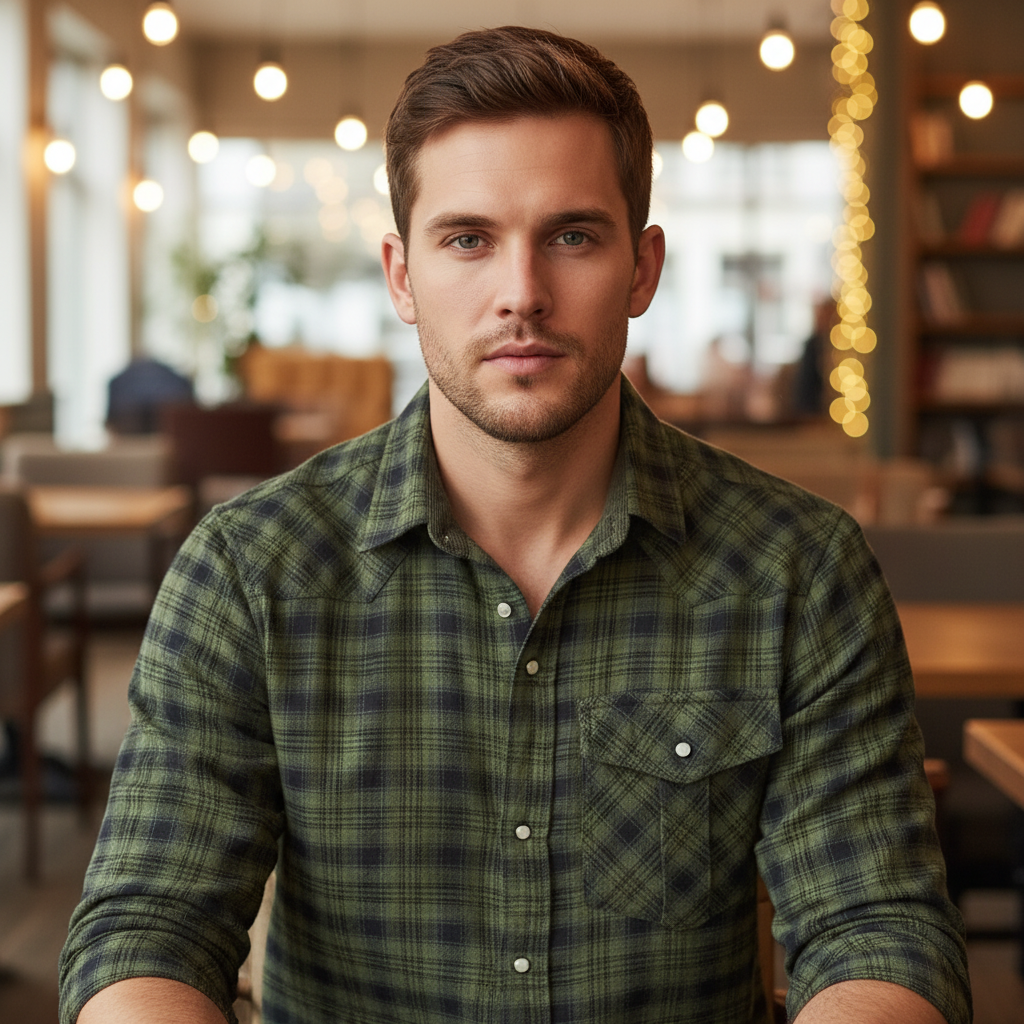 Men's Arnold flannel shirt, blue & green plaid, long sleeve for autumn casual wear