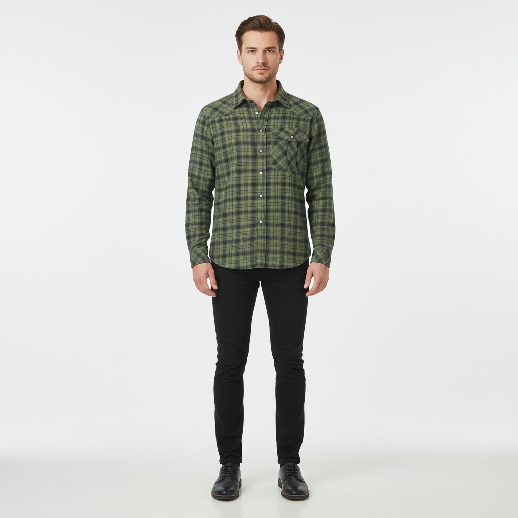 Stylish men's checked long-sleeve flannel shirt in red and black plaid pattern