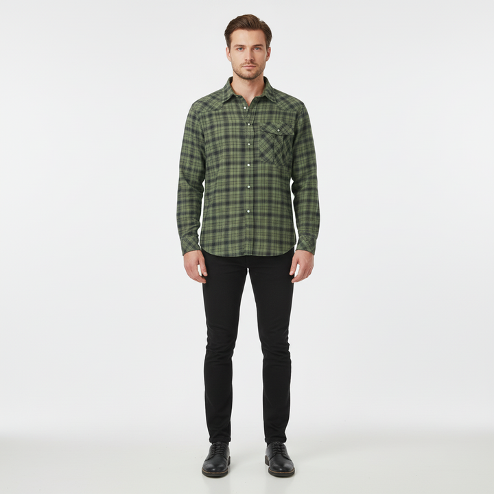Stylish men's checked long-sleeve flannel shirt in red and black plaid pattern