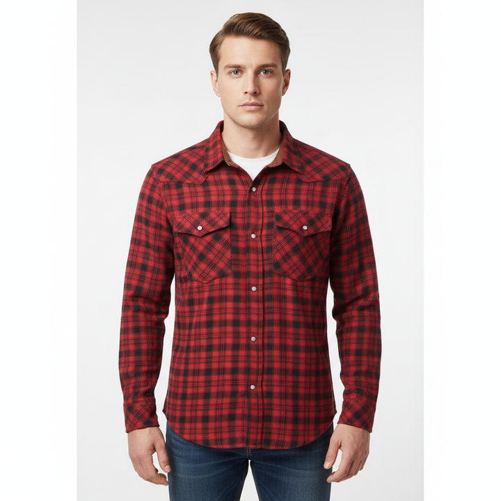 Front view of a men's plaid flannel shirt, green and navy pattern, autumn fashion essential