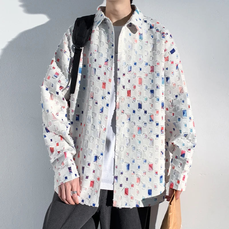 Men's artisan patterned button-up shirt, a stylish and unique casual top with a modern colorful design.