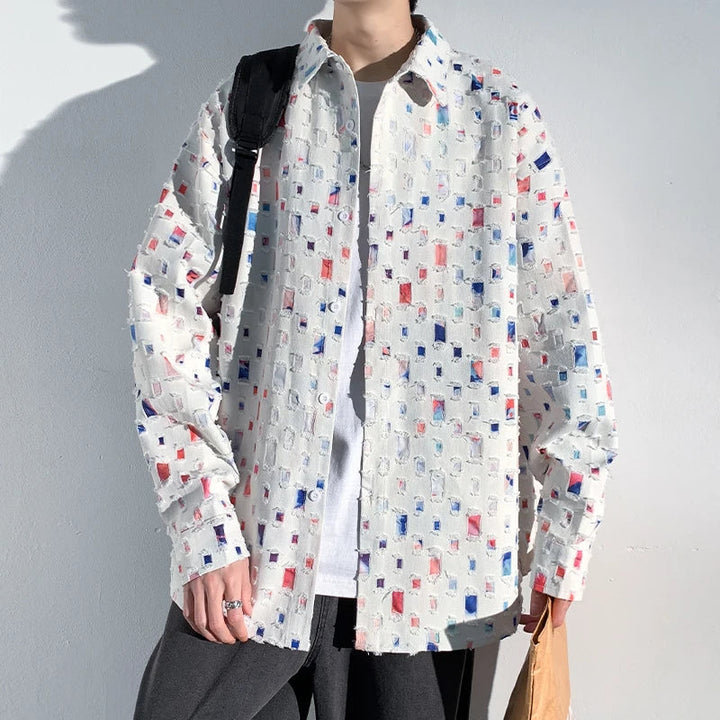 Men's patterned button-up shirt in artisan style, offering a unique and vibrant look for casual or smart-casual wear.