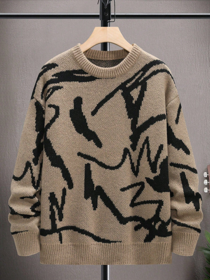 Front view of men's Arvid graphic print pullover sweater, showcasing the unique design.