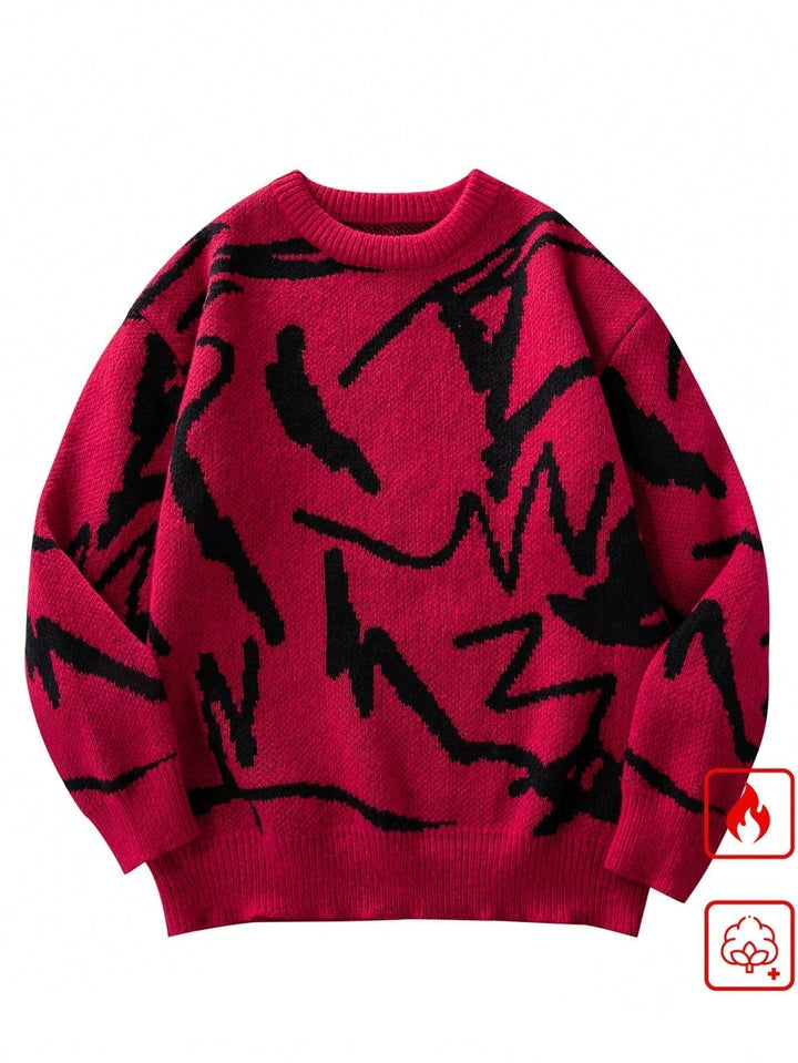 Detailed view of the Arvid geometric graphic print on this trendy men's pullover sweater.