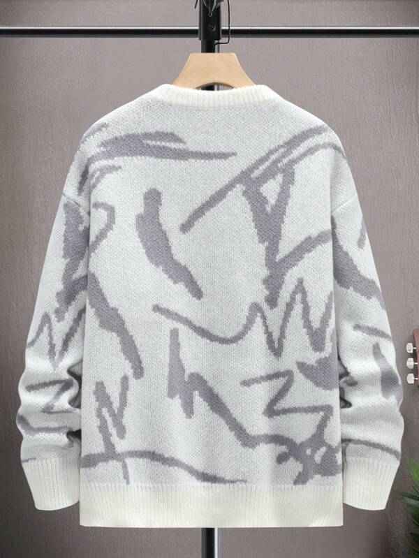 Trendy men's long sleeve sweater with a unique geometric graphic print, comfortable apparel.