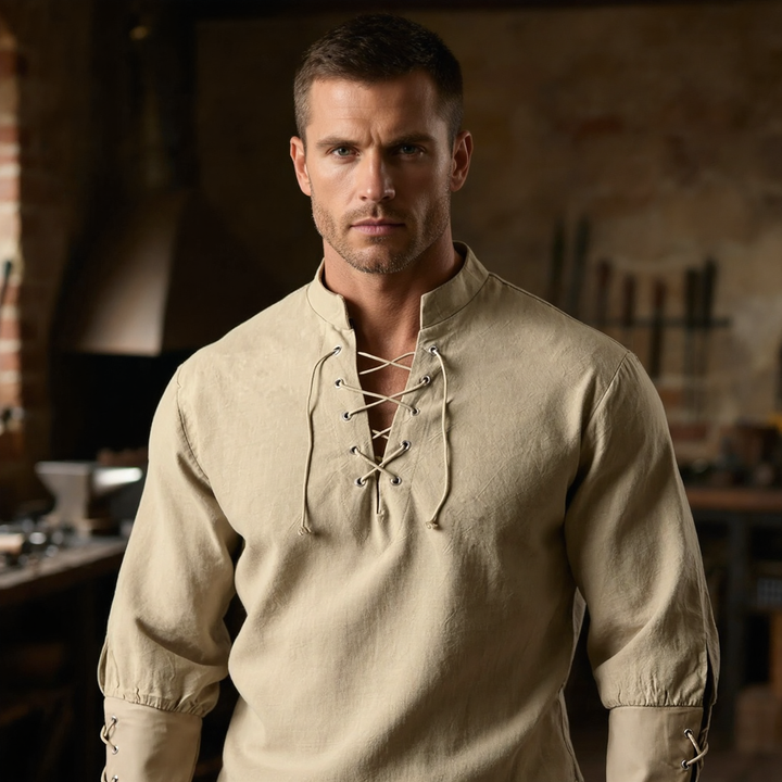 Stylish men's Ashby medieval long sleeve shirt, blending timeless historic fashion with modern wearability.