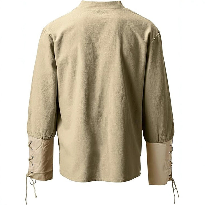 Detailed view of men's Ashby medieval shirt, showcasing period clothing style and comfortable long sleeves.