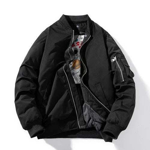 Trendy men's Astro bomber jacket featuring unique graphic lining and ribbed cuffs, perfect for fashion-forward looks.