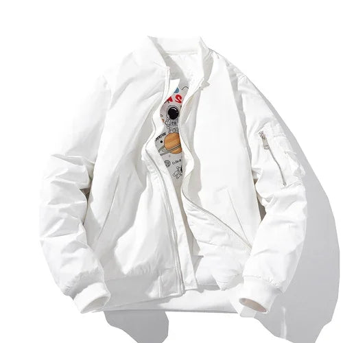 Close-up of the Men's Astro Bomber Jacket, highlighting ribbed cuffs and collar, perfect for versatile layering.