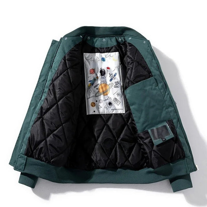 Full shot of the Men's Astro Bomber Jacket, showcasing its modern design and suitability for everyday street style.