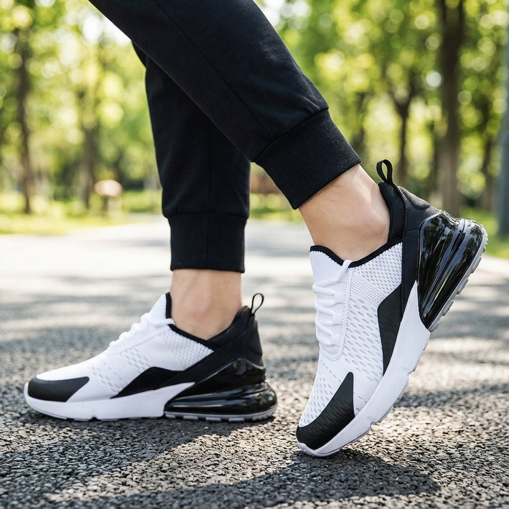 Men's athletic Air Cushion running sneakers in white, blue, and black for comfortable wear