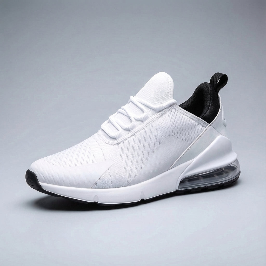 Side view of men's athletic running shoes, highlighting breathable mesh and cushion support