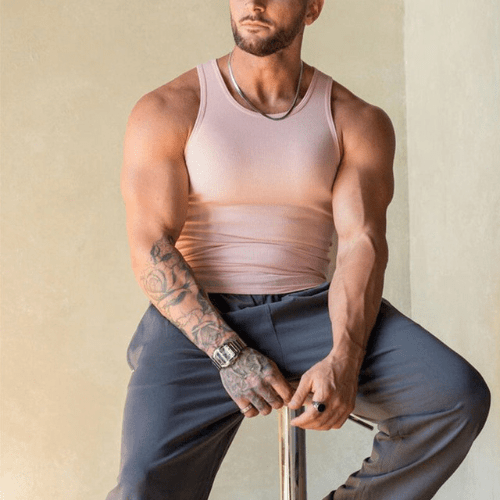 Front view of a men's breathable athletic t-shirt, sleeveless design for ultimate freedom.