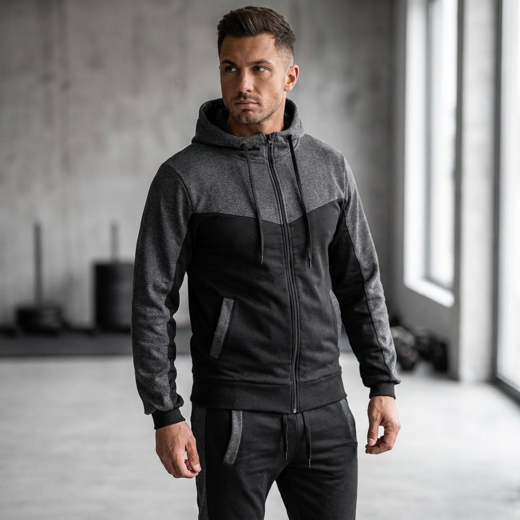 Men's athletic polyester tracksuit set for performance sports and gym wear