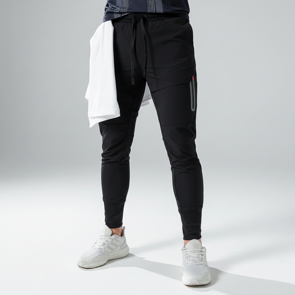 Breathable dark grey men's running pants with slim fit, essential activewear