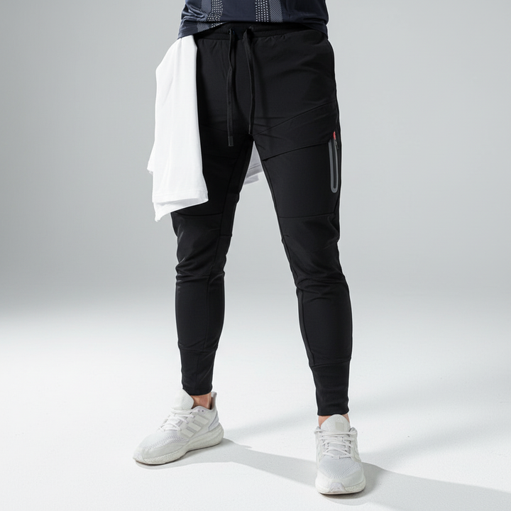 Breathable dark grey men's running pants with slim fit, essential activewear
