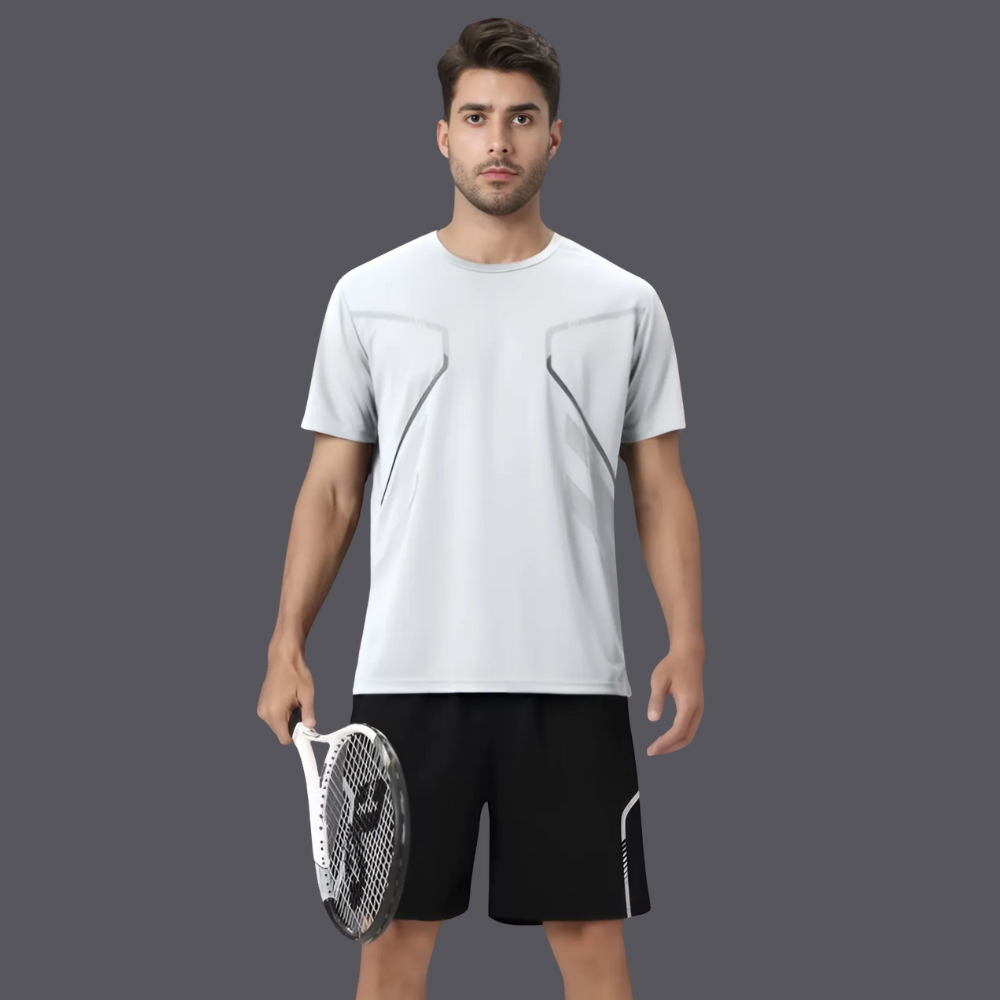 Versatile men's gym clothing set, offering comfort and style in a t-shirt and shorts combo