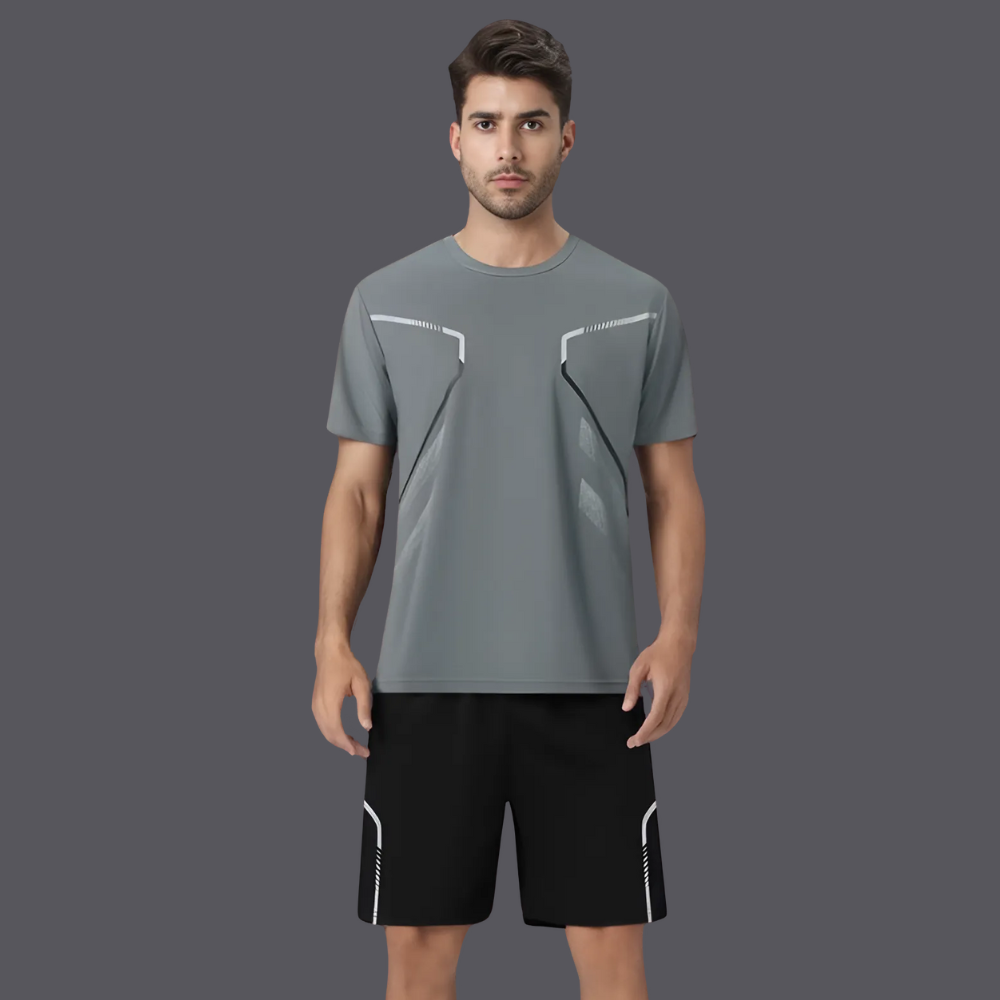 Modern men's summer sports outfit, a performance t-shirt and shorts bundle for active lifestyles