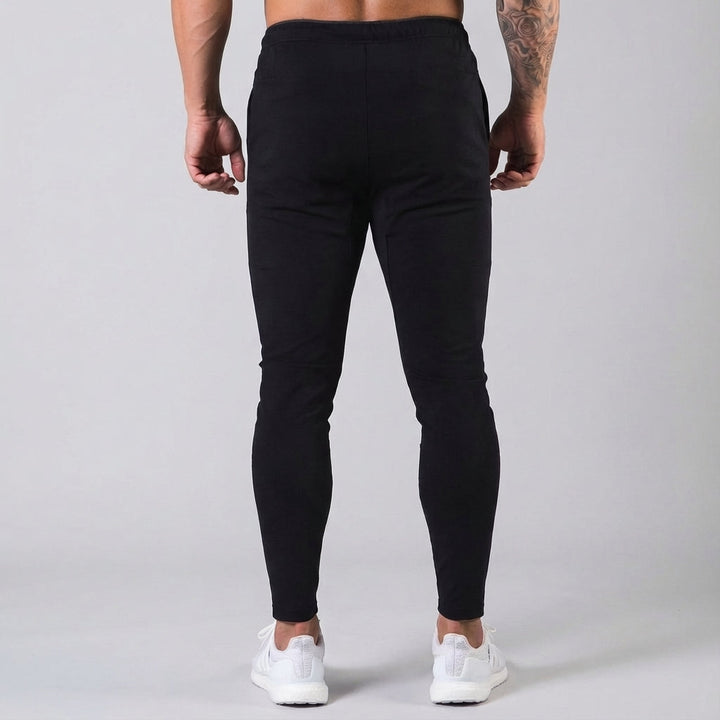Dark grey men's tapered joggers featuring an elastic waist and comfortable cotton blend fabric.