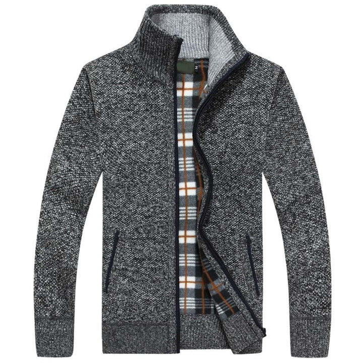 Close-up of button-front on men's Atlas style knit vest cardigan, showcasing everyday versatility & cold weather style.