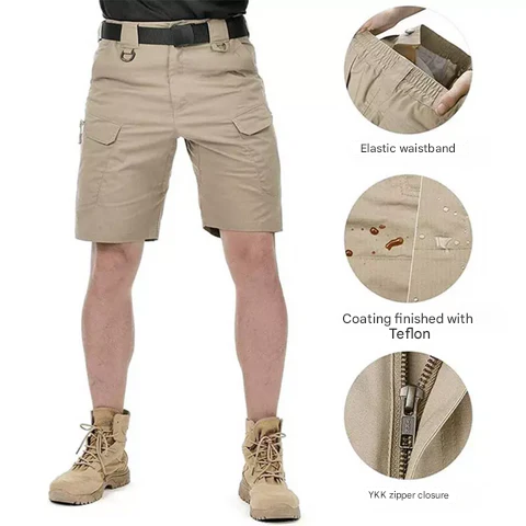 Close-up: Men's utility cargo shorts pocket, highlighting functional design for outdoor gear.