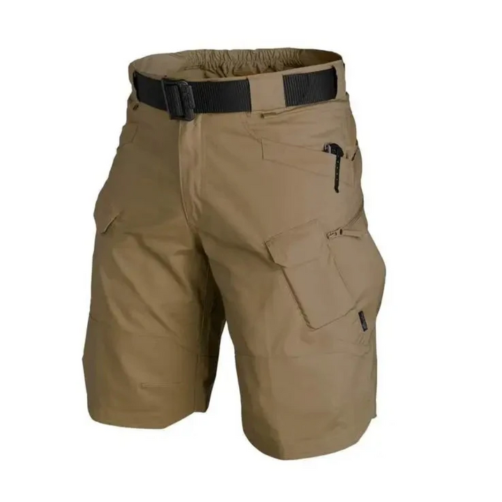 Men's tactical cargo shorts, black, featuring ample pocket space for gear.