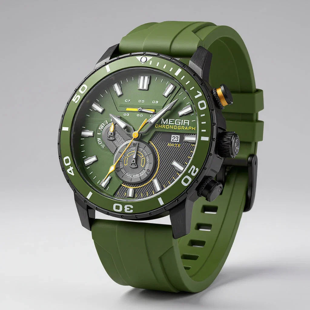 Men's Aurelius Chronomaster Swiss quartz watch with black silicone strap, ceramic bezel, chronograph, and waterproof design.