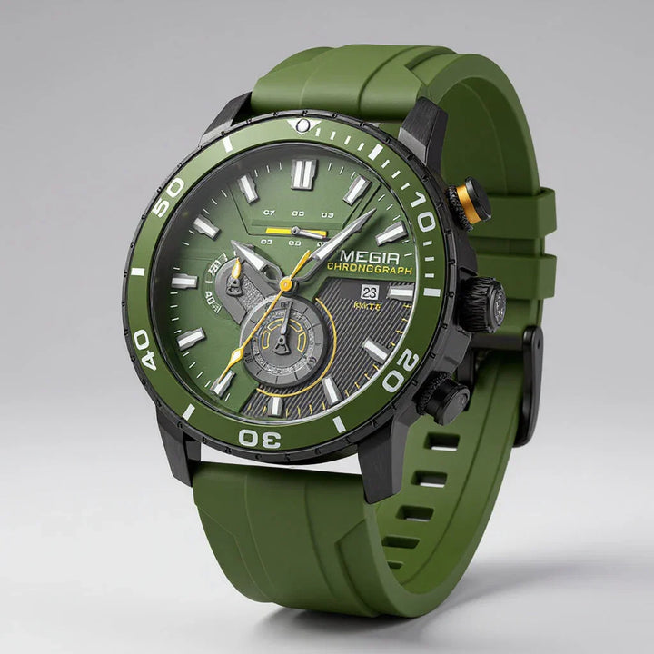 Men's Aurelius Chronomaster Swiss quartz watch with black silicone strap, ceramic bezel, chronograph, and waterproof design.