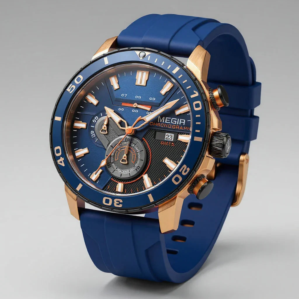 Stylish men's sport watch, Aurelius Chronomaster, with black silicone strap, ceramic bezel & precision Swiss quartz movement.