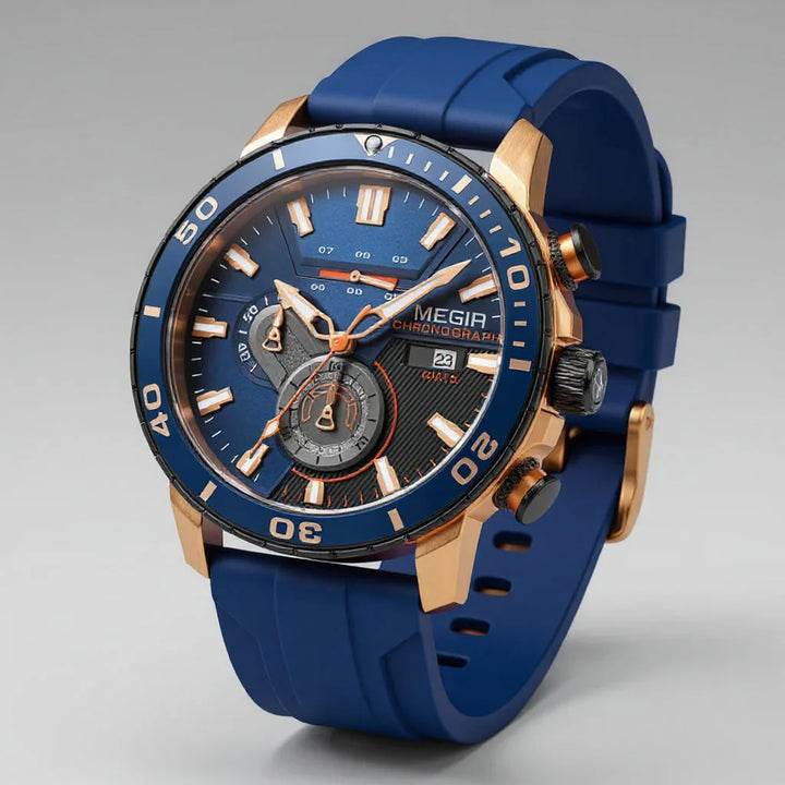 Stylish men's sport watch, Aurelius Chronomaster, with black silicone strap, ceramic bezel & precision Swiss quartz movement.